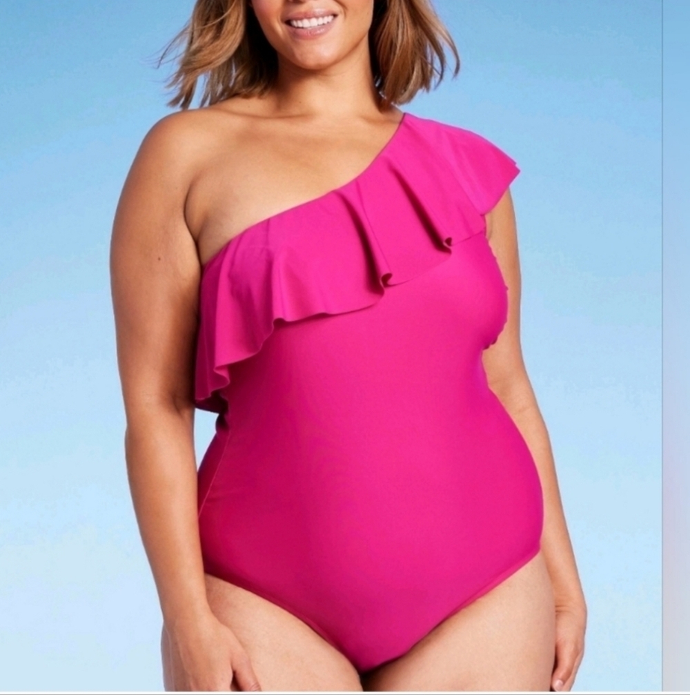 One Shoulder Ruffle Pink Full Coverage One Piece Swimsuit - Kona Sol - M (8-10)
